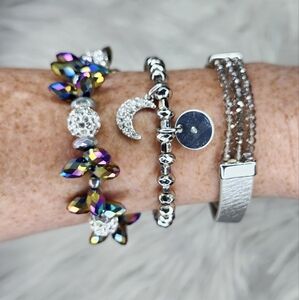 Silver and Multicolor "Oil Slick" Beaded 3 Bracelet Set